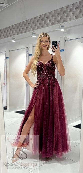 Sukienka długa gorset tiul brokat burgund/krem