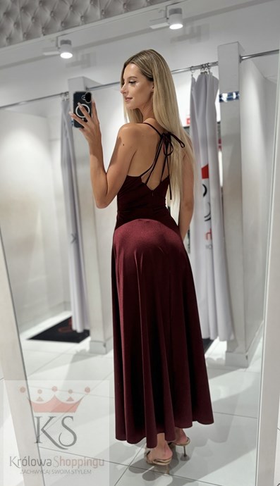 Sukienka długa satynowa wiązanie szyja burgund