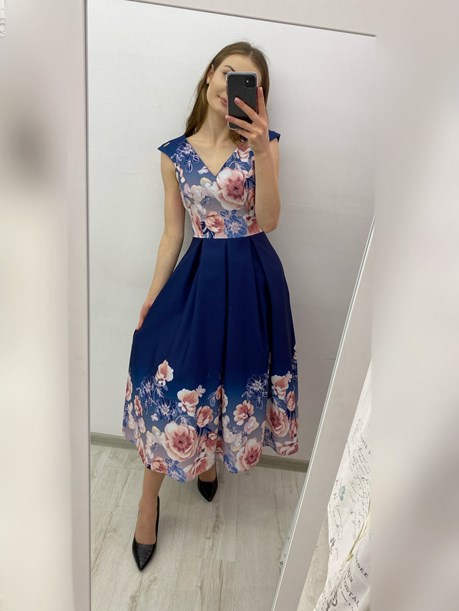 Sukienka midi rozkloszowana dół góra kwiaty granat