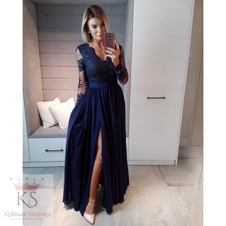 Sukienka długa koronkowy rękaw granat