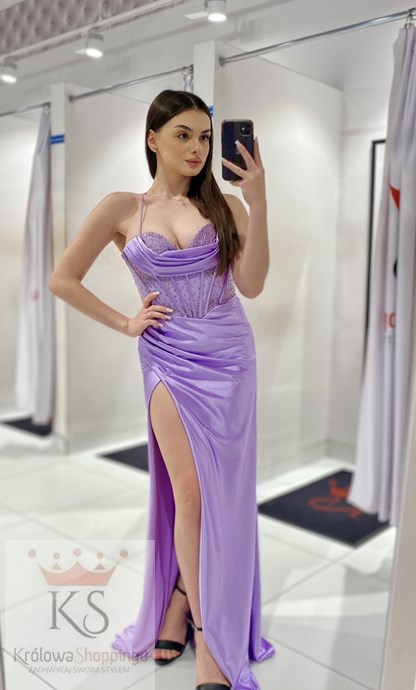 Sukienka długa dopasowana wiązanie kryształki lila