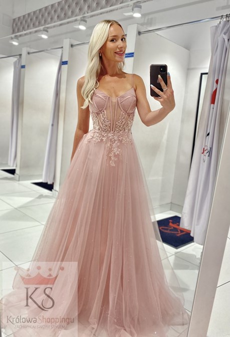 Sukienka długa gorset tiul róż