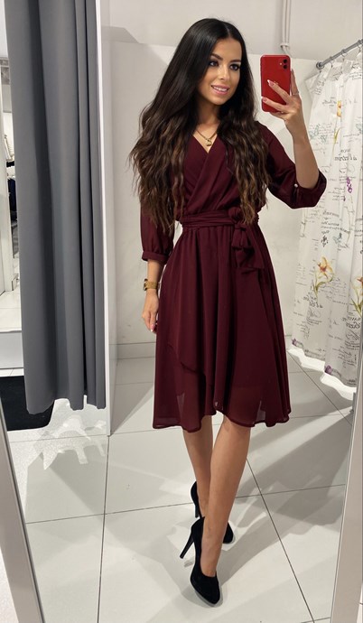 Sukienka midi długi rękaw pasek bordo