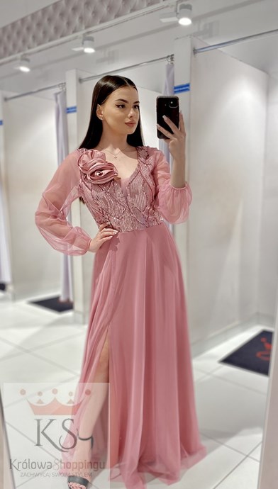 Sukienka długa cekiny tiul rękawy róże róż