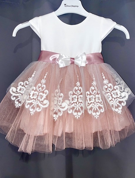 Sukienka dziecięca tiul haft kokardka biel/wrzos