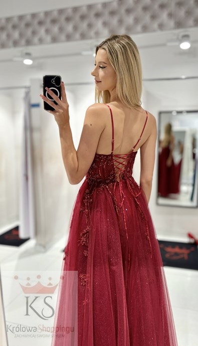 Sukienka długa gorset kwiaty haft brokat bordo