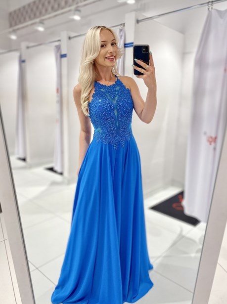 Sukienka długa ramiączka na krzyż niebieski