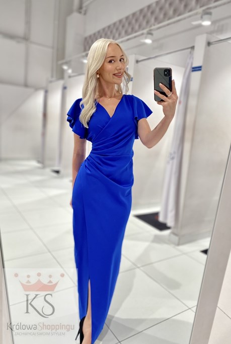 Sukienka długa dopasowana falbana rękaw chaber