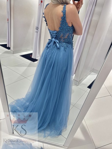Sukienka długa tiulowa gorset koronka błękit