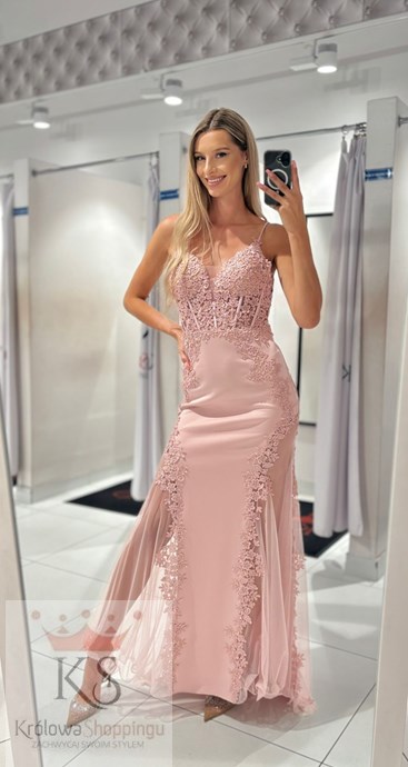 Sukienka długa gorset rybka haft pudrowy róż