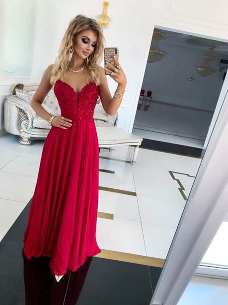 Sukienka długa tiul zdobienie listki bordo