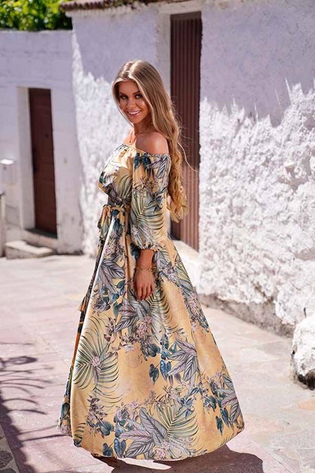 Sukienka długa długi rękaw kwiaty żółty/zielony