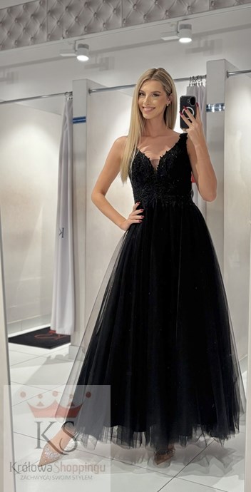 Sukienka długa koronkowy gorset tiul czerń