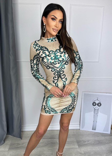 Sukienka krótka ze stójką cekin złoto/zieleń
