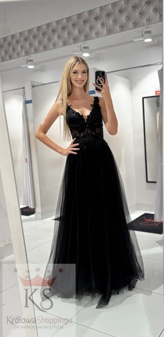 Sukienka długa tiulowa gorset koronka czerń