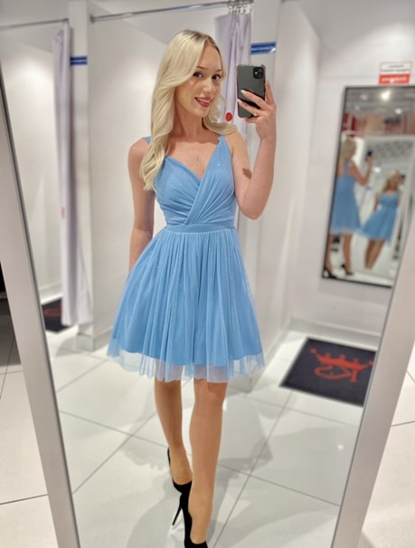 Sukienka krótka ramiączka pas tiul brokat błękit