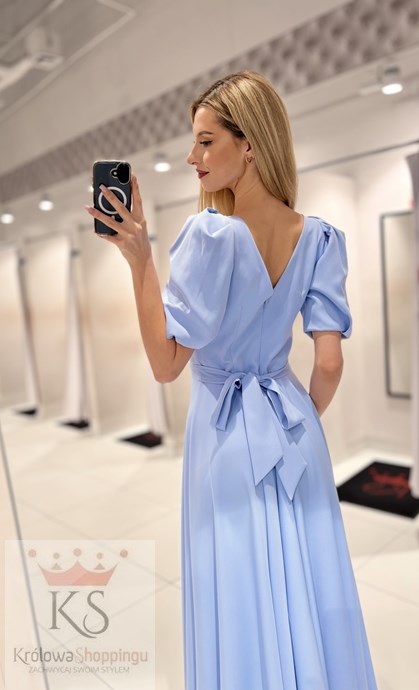 Sukienka długa 3/4 rękawek wiązanie plecy błękit
