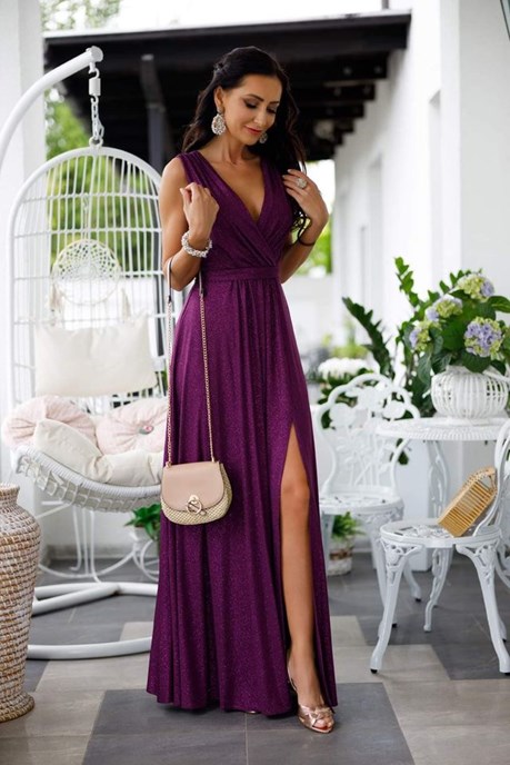 Sukienka długa grube ramiączka brokat jagoda