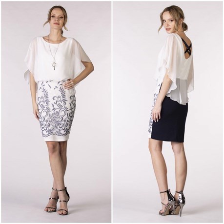 Sukienka krótka koronka krzyż plecy biel/atrament