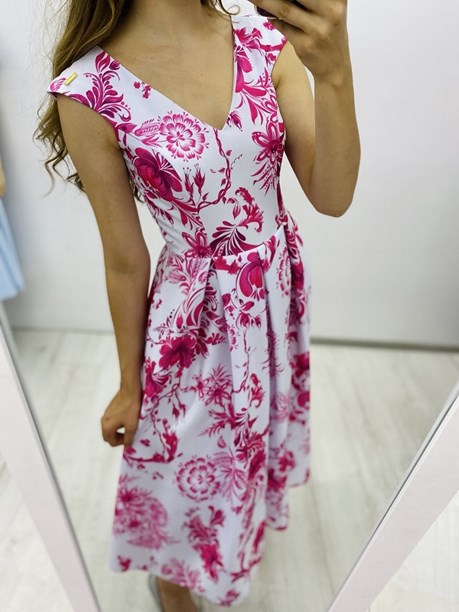 Sukienka midi rozkloszowana kwiaty wzór róż/biel