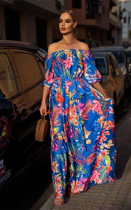 Sukienka długa długi rękaw kwiaty całość niebieski