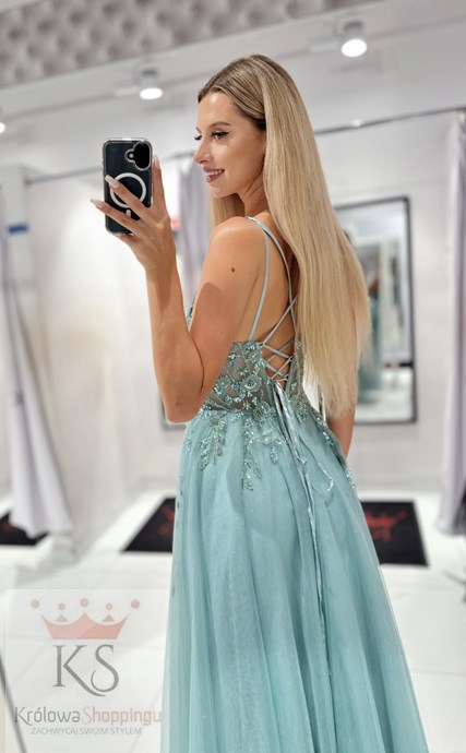 Sukienka długa gorset zdobienie tiul pistacja