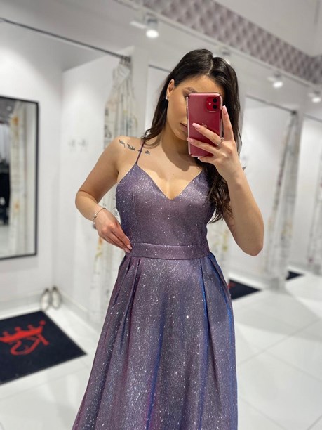 Sukienka długa ramiączka krzyż brokat fioletowy