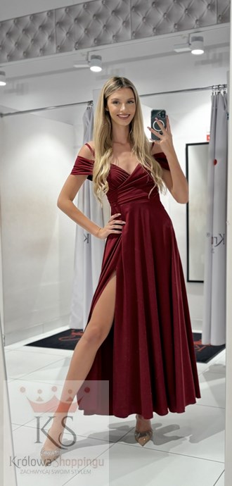Sukienka długa opadające ramiona gładka bordo