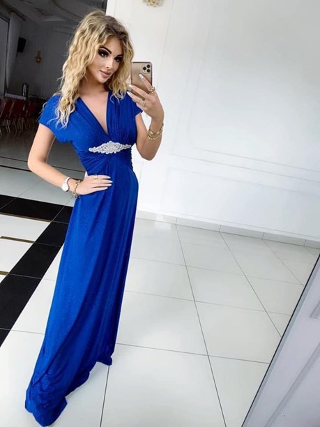 Sukienka długa marszczenie z klamrą brokat chaber