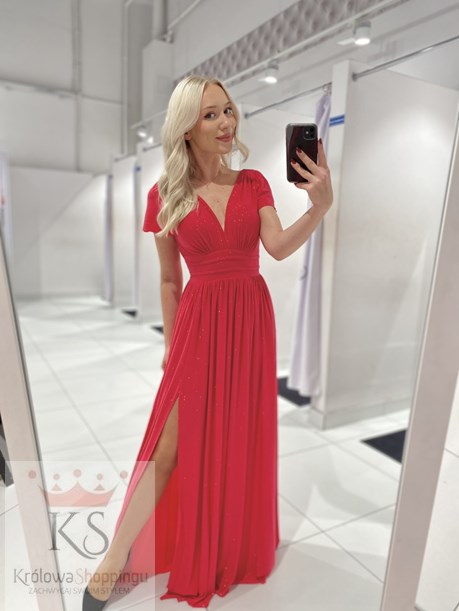 Sukienka długa brokat rękaw malina