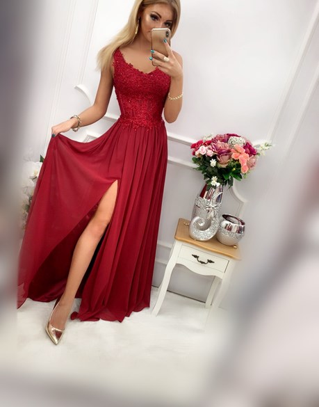 Sukienka długa gorset prześwity bordo