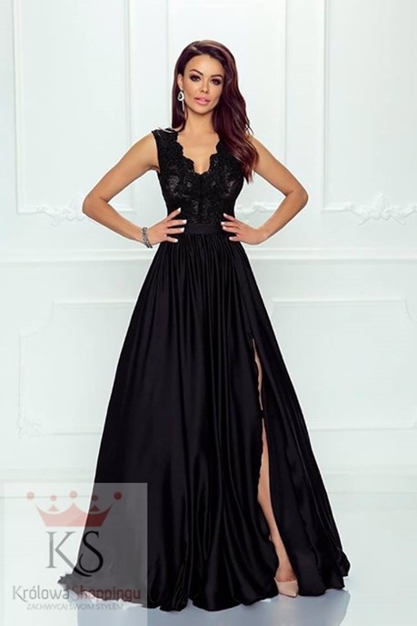 Sukienka długa szerokie ramiączka koronka czarny