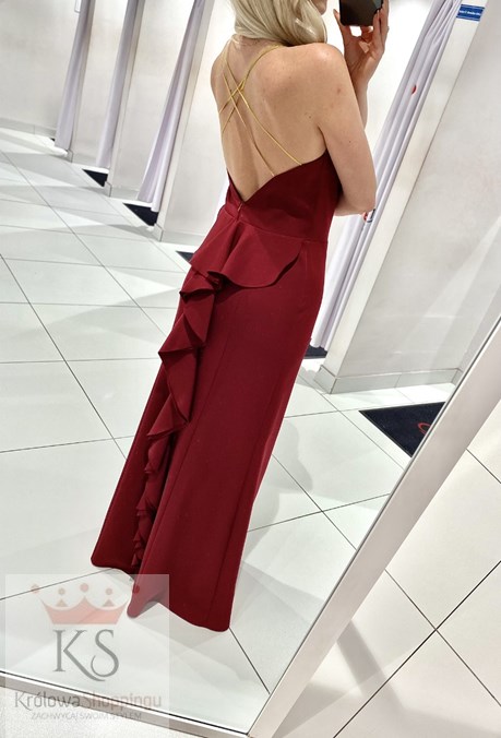Sukienka długa dopasowana z ogonkiem bordo