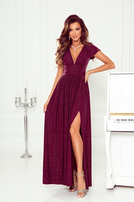 Sukienka długa brokat rękaw bordo