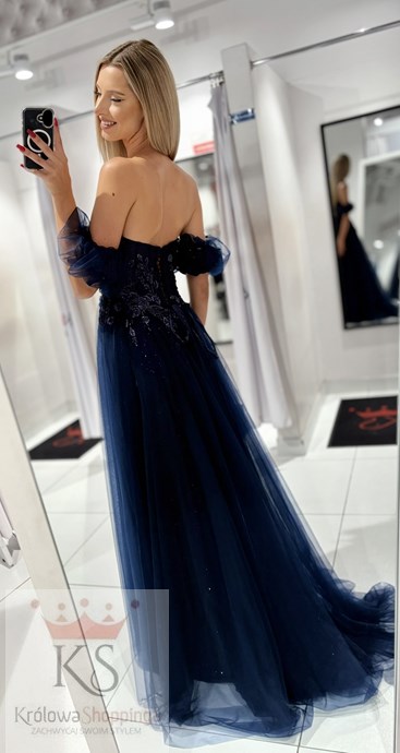 Sukienka długa gorset rękawek tiul granat