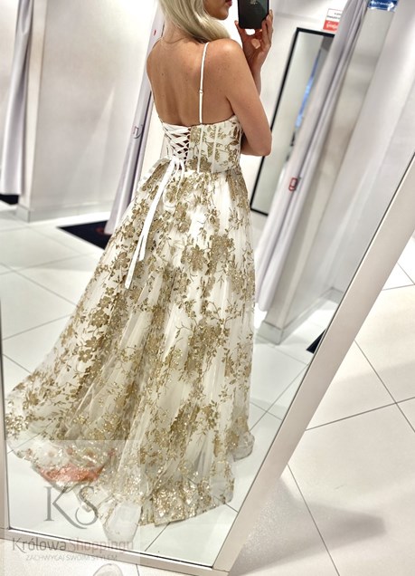 Sukienka długa balowa brokatowe kwiaty biel/złoto