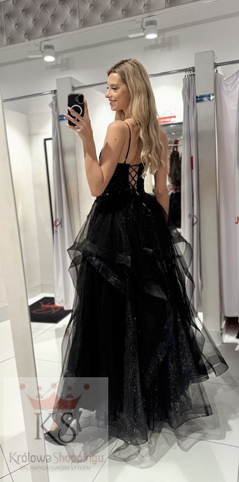 Sukienka długa falbanka cekiny gorset czerń