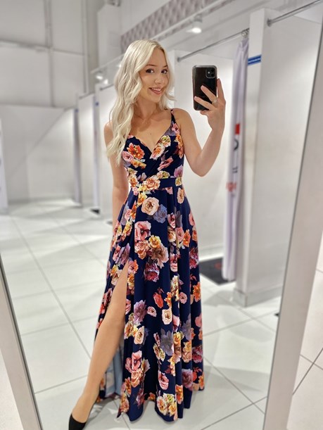 Sukienka długa na ramiączkach kwiaty granat