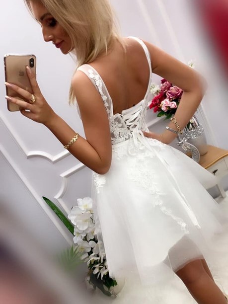 Sukienka krótka koronka wiązanie biały