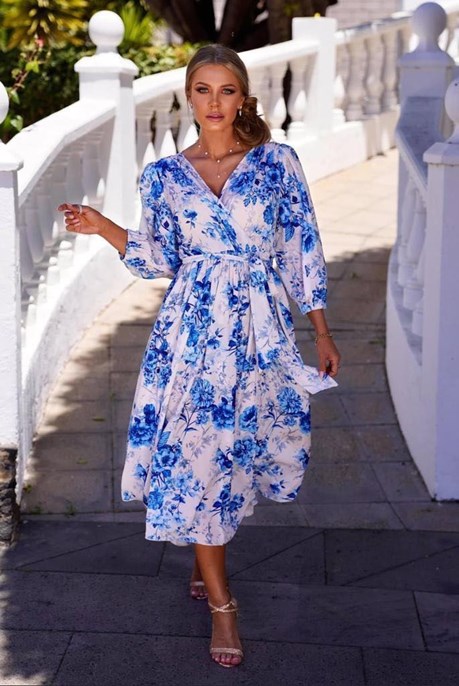 Sukienka midi rękaw wiązanie kwiaty niebieski