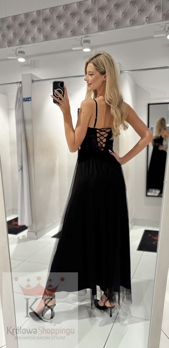 Sukienka długa tiulowa wiązany tył cekiny czerń