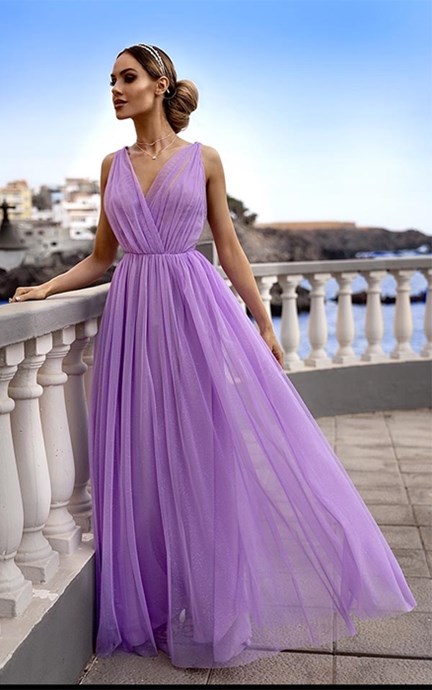 Sukienka długa tiul głęboki dekolt brokat lilia