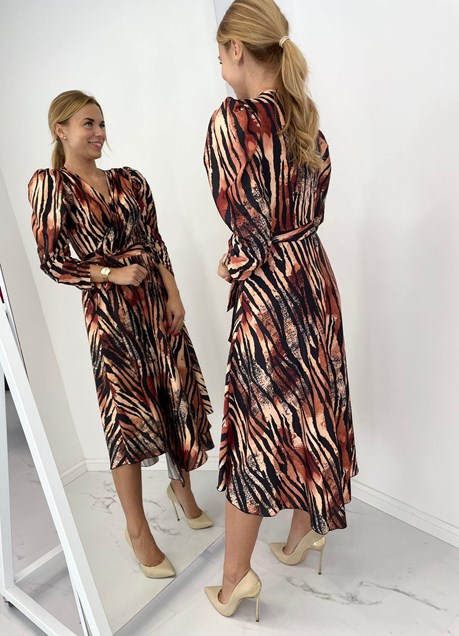 Sukienka midi koszulowa długi rękaw tygrys