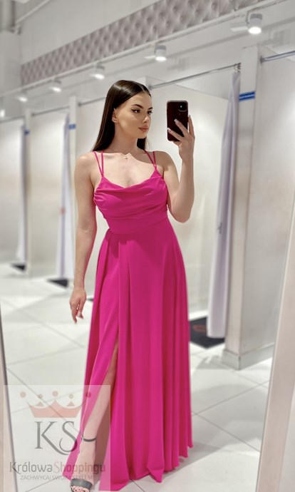 Sukienka długa wiązanie plecy gładka magenta