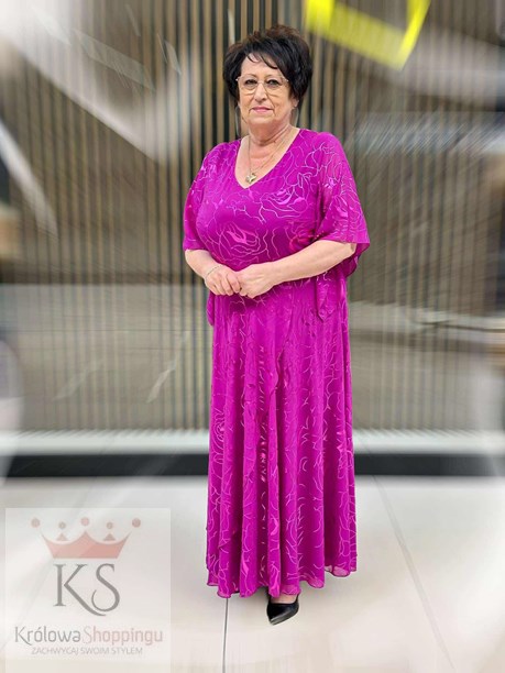 Sukienka długa rękaw metaliczny wzór fuksja