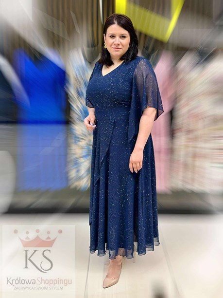 Sukienka długa rękaw brokatowy wzór granat
