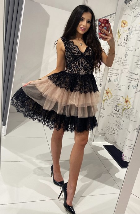 Sukienka krótka koronka czarna/beż