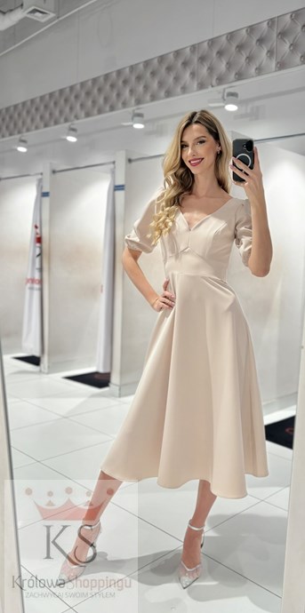 Sukienka midi rękawek 3/4 pas wiązanie beż