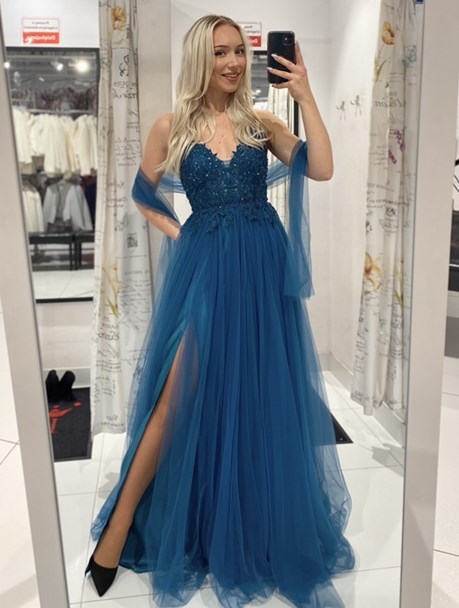 Sukienka długa tiul koronka wiązanie turkus