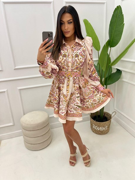 Sukienka krótka wzorzysta rękaw pasek złota klamra
